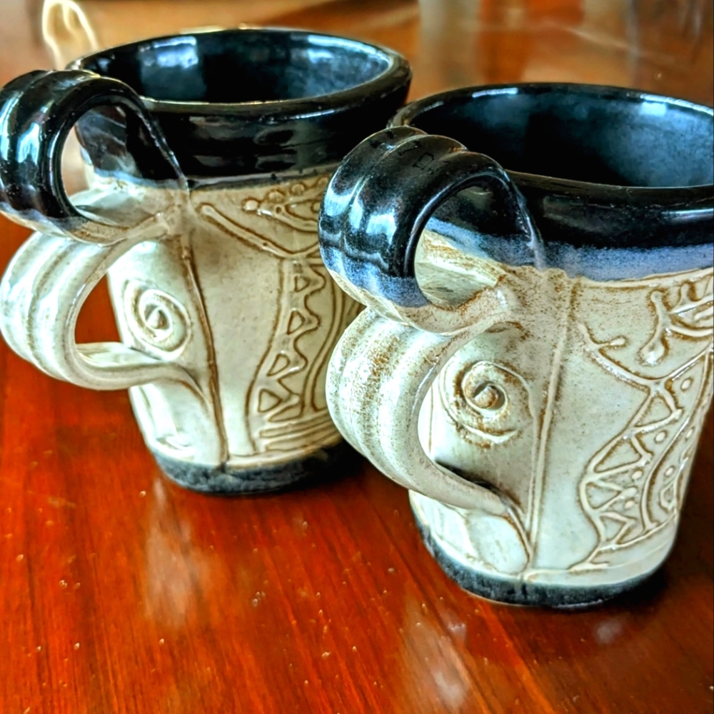 Dana McDaniel Navajo Sculpted Art Stoneware Mugs - Black and Cream, Pair Of Two